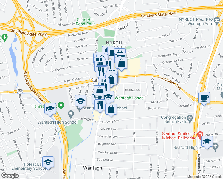 map of restaurants, bars, coffee shops, grocery stores, and more near 1245 Wantagh Avenue in Wantagh