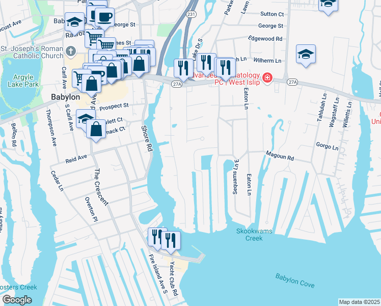 map of restaurants, bars, coffee shops, grocery stores, and more near 40 Sequams Lane West in West Islip
