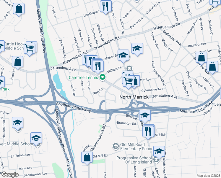 map of restaurants, bars, coffee shops, grocery stores, and more near 1175 Meadowbrook Road in Merrick