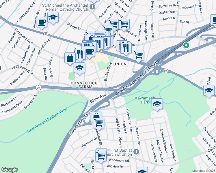 map of restaurants, bars, coffee shops, grocery stores, and more near 902 Grandview Avenue in Union