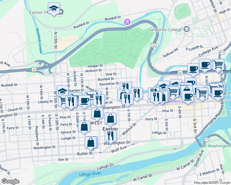 map of restaurants, bars, coffee shops, grocery stores, and more near 13 North Mulberry Street in Easton