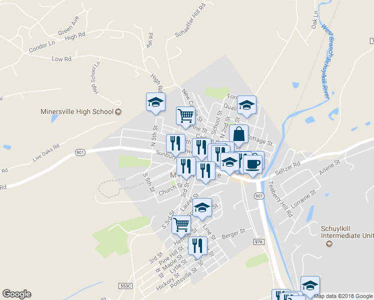 map of restaurants, bars, coffee shops, grocery stores, and more near 367 Lewis Street in Minersville