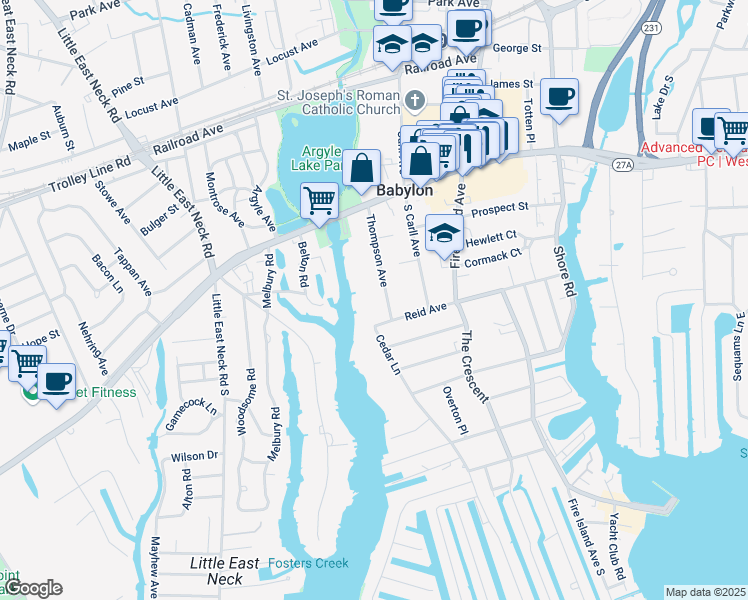 map of restaurants, bars, coffee shops, grocery stores, and more near 90 Thompson Avenue in Babylon