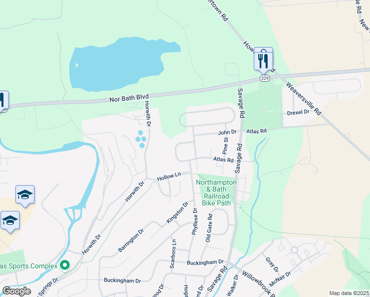 map of restaurants, bars, coffee shops, grocery stores, and more near 824 Atlas Road in Northampton