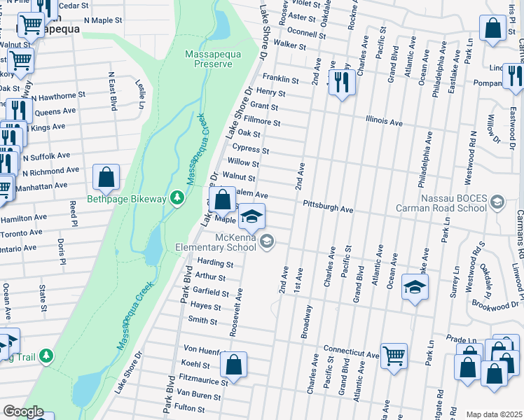 map of restaurants, bars, coffee shops, grocery stores, and more near 214 Pine Street in Massapequa Park