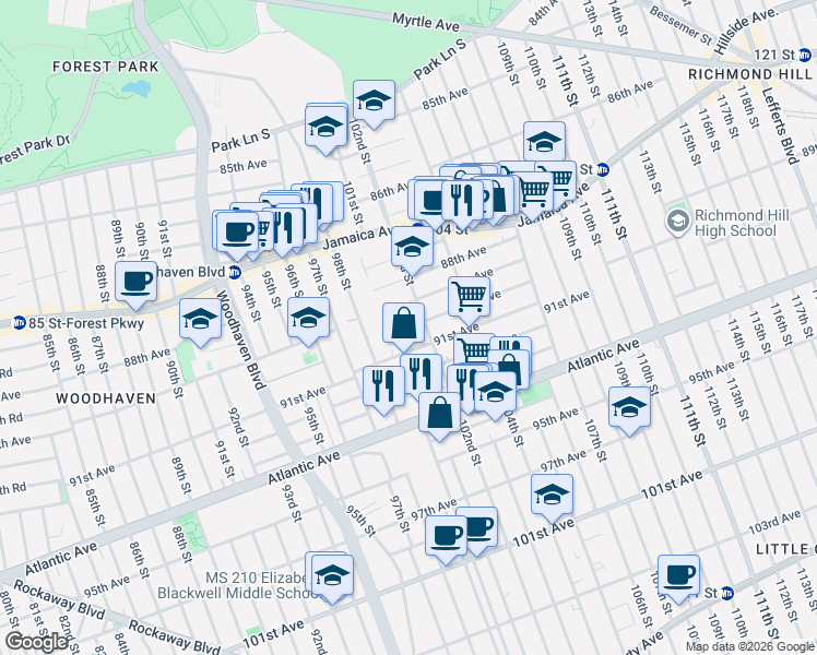 map of restaurants, bars, coffee shops, grocery stores, and more near 100-10 90th Avenue in Queens