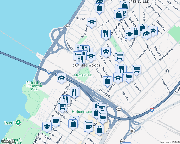 map of restaurants, bars, coffee shops, grocery stores, and more near 67 Ruby Brown Terrace in Jersey City