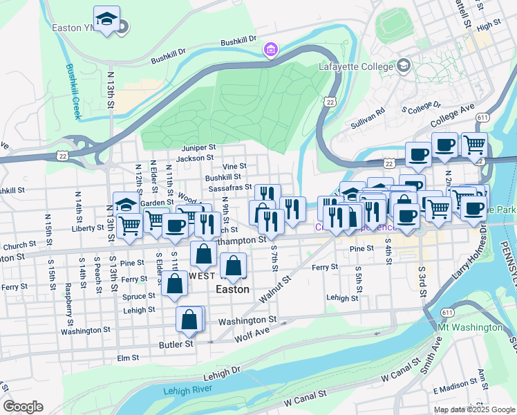 map of restaurants, bars, coffee shops, grocery stores, and more near 60 North Oak Street in Easton