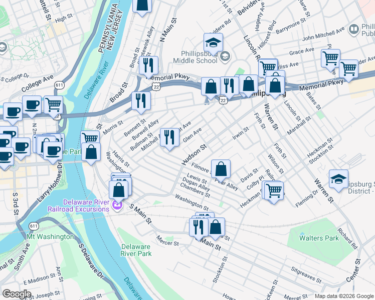 map of restaurants, bars, coffee shops, grocery stores, and more near 186 Hudson Street in Phillipsburg