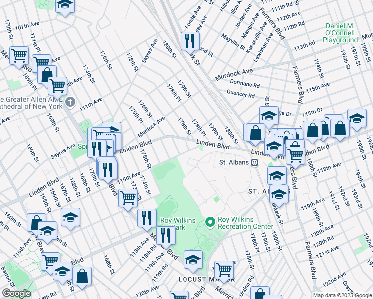 map of restaurants, bars, coffee shops, grocery stores, and more near 114-92 177th Place in Queens