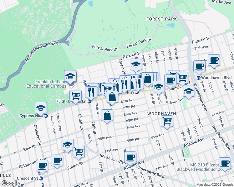 map of restaurants, bars, coffee shops, grocery stores, and more near 79-17 Jamaica Avenue in Queens