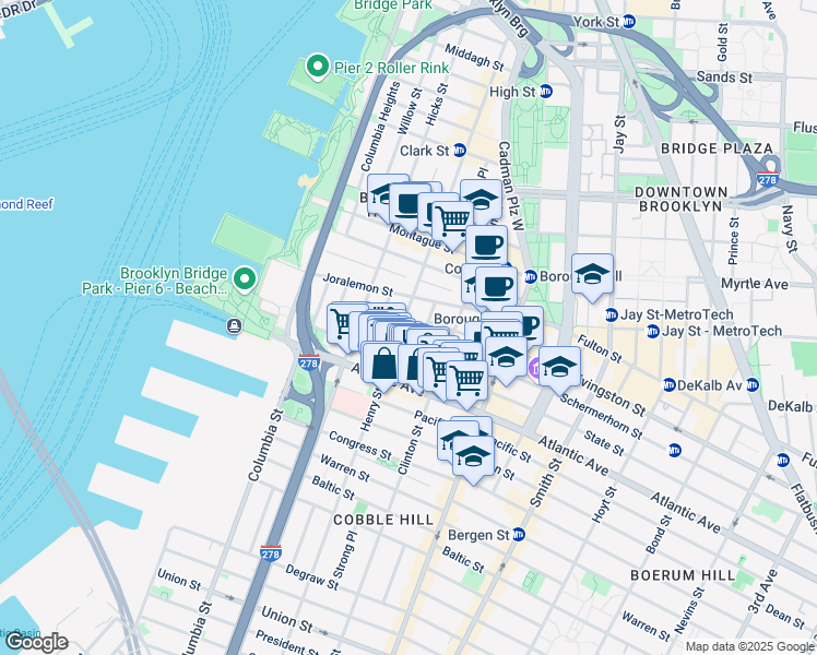 map of restaurants, bars, coffee shops, grocery stores, and more near 38 Sidney Place in Brooklyn