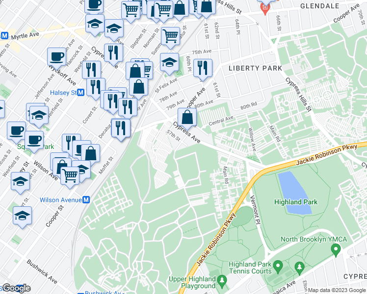 map of restaurants, bars, coffee shops, grocery stores, and more near 80-58 57th Street in Queens