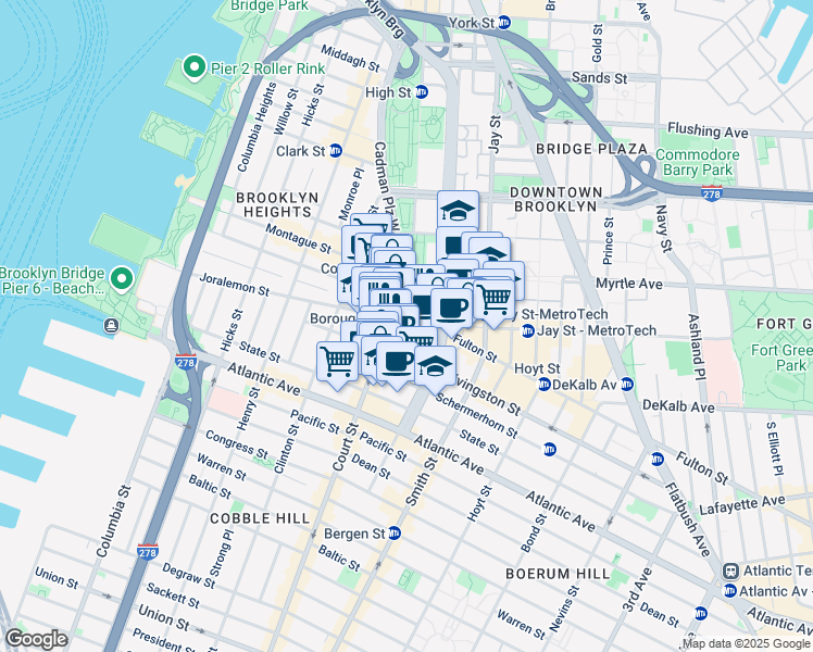 map of restaurants, bars, coffee shops, grocery stores, and more near 210 Joralemon Street in Brooklyn