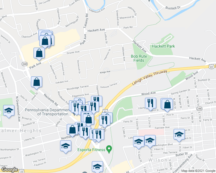 map of restaurants, bars, coffee shops, grocery stores, and more near 2101 Gateway Terrace in Easton