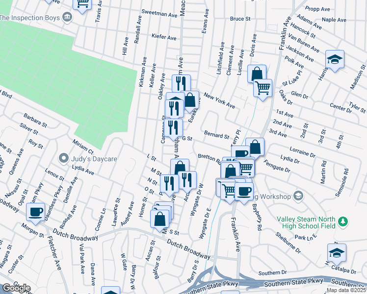map of restaurants, bars, coffee shops, grocery stores, and more near 578 Rye Court in Valley Stream