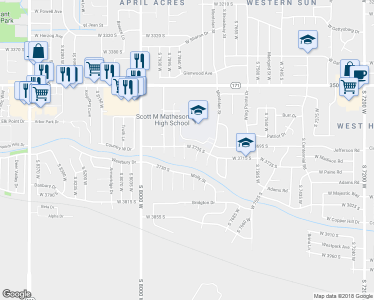 map of restaurants, bars, coffee shops, grocery stores, and more near 3691 Lone Star Circle in Magna