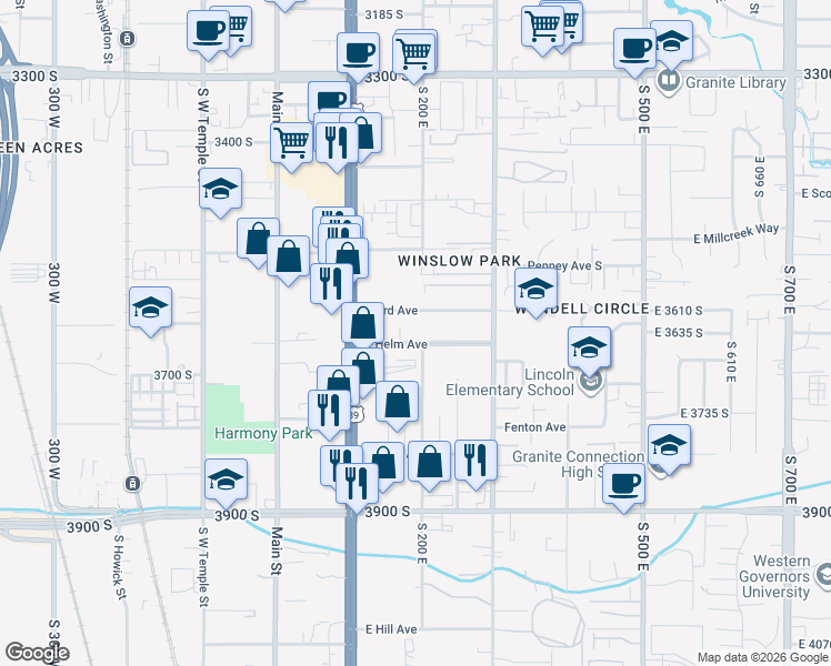 map of restaurants, bars, coffee shops, grocery stores, and more near 153 East Helm Avenue in South Salt Lake