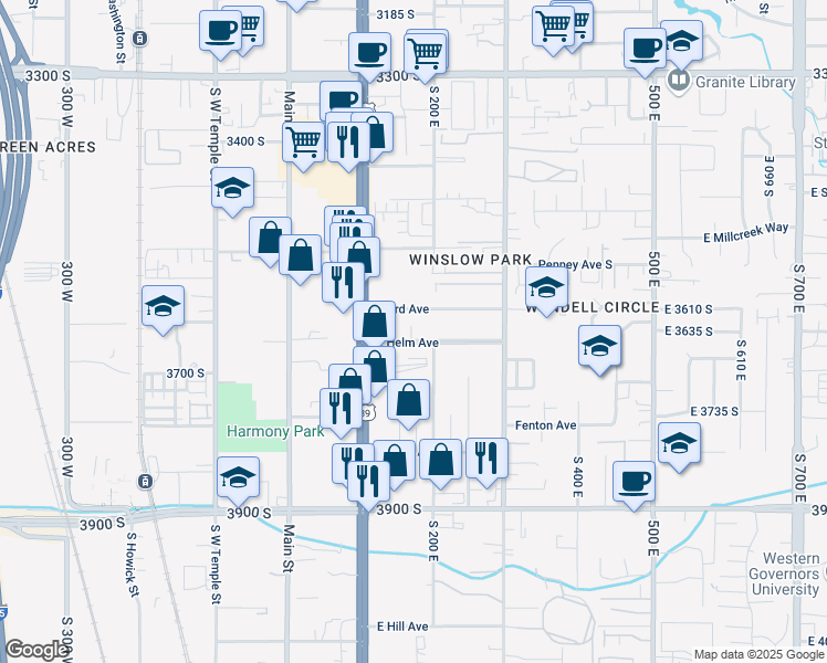 map of restaurants, bars, coffee shops, grocery stores, and more near 153 East Helm Avenue in South Salt Lake
