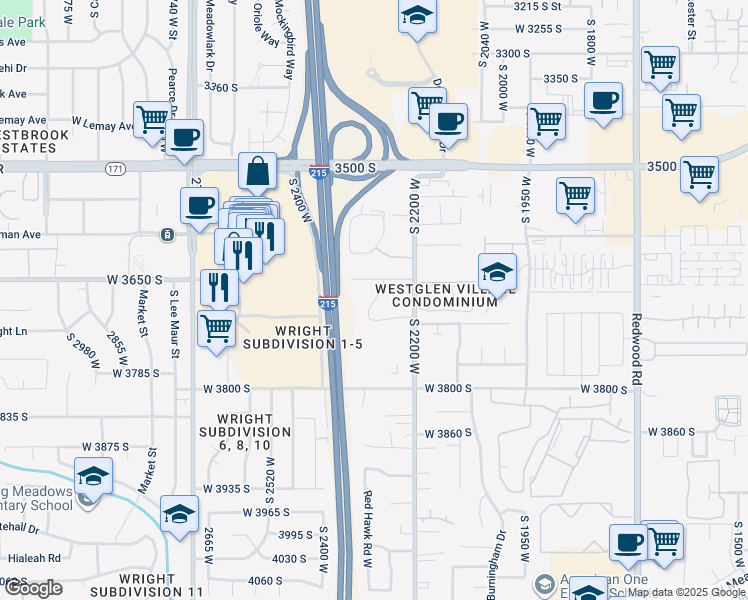 map of restaurants, bars, coffee shops, grocery stores, and more near 2278 Lexington Park Drive in West Valley City