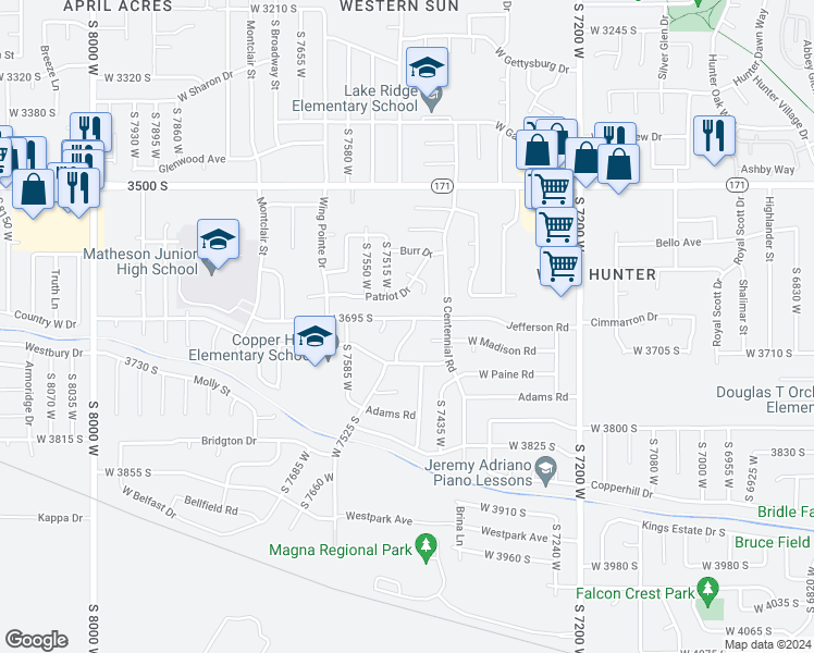 map of restaurants, bars, coffee shops, grocery stores, and more near 3705 Franklin Road in Magna