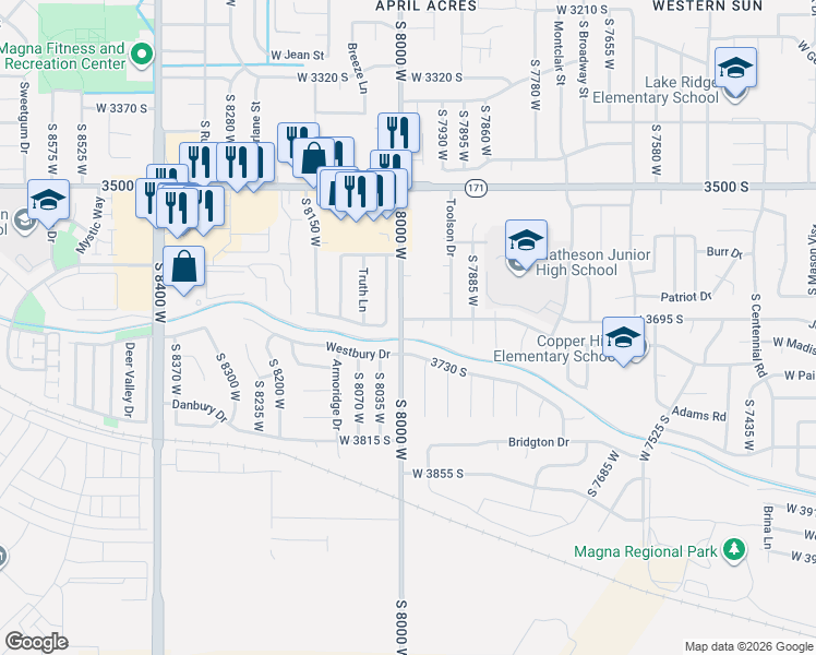 map of restaurants, bars, coffee shops, grocery stores, and more near 3698 Lasso Loop Circle in Magna