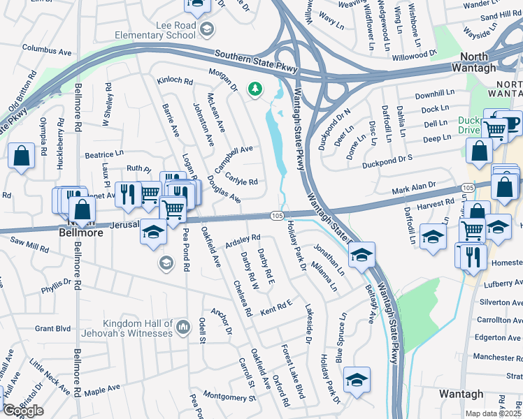 map of restaurants, bars, coffee shops, grocery stores, and more near 2954 Jerusalem Avenue in Wantagh