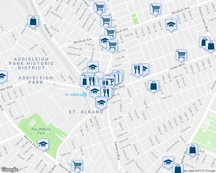 map of restaurants, bars, coffee shops, grocery stores, and more near 188-27 Linden Boulevard in Queens