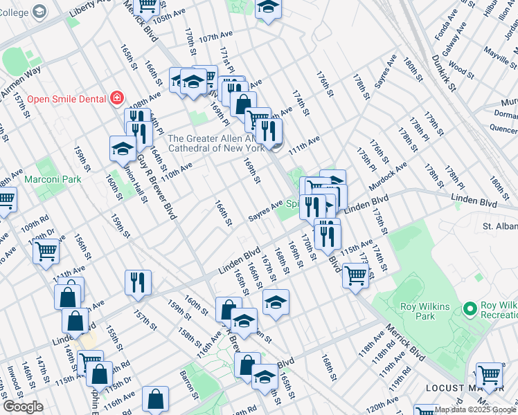 map of restaurants, bars, coffee shops, grocery stores, and more near 168-16 Sayres Avenue in Queens