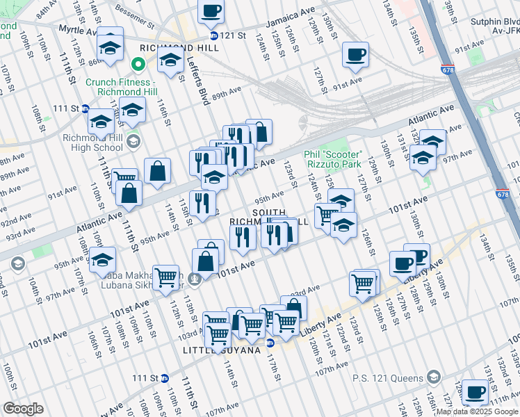 map of restaurants, bars, coffee shops, grocery stores, and more near 95-05 Lefferts Boulevard in Queens