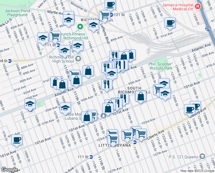 map of restaurants, bars, coffee shops, grocery stores, and more near 94-46 116th Street in Queens
