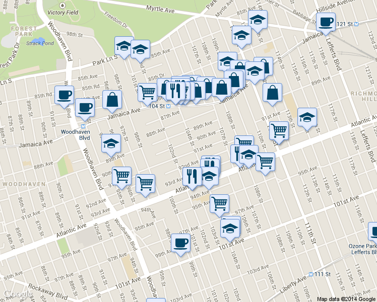 map of restaurants, bars, coffee shops, grocery stores, and more near 91-08 104th Street in Queens