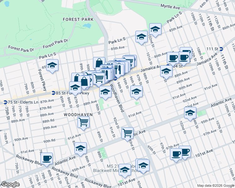 map of restaurants, bars, coffee shops, grocery stores, and more near 87-64 94th Street in Queens