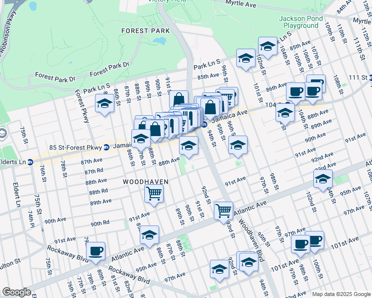 map of restaurants, bars, coffee shops, grocery stores, and more near 9206 88th Avenue in Queens