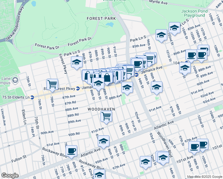map of restaurants, bars, coffee shops, grocery stores, and more near 87-14 88th Street in Queens
