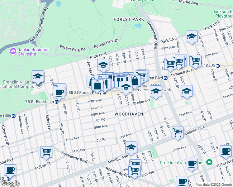 map of restaurants, bars, coffee shops, grocery stores, and more near 86-61 85th Street in Queens