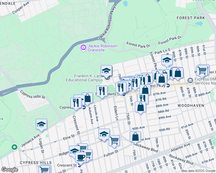 map of restaurants, bars, coffee shops, grocery stores, and more near 999 Jamaica Avenue in Brooklyn