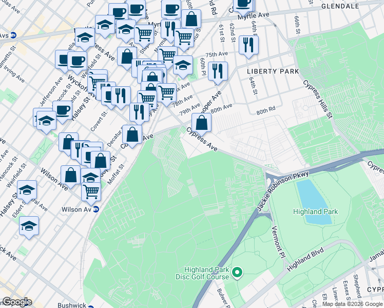 map of restaurants, bars, coffee shops, grocery stores, and more near 80-58 57th Street in Queens