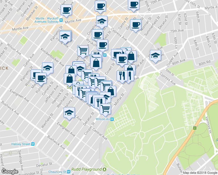map of restaurants, bars, coffee shops, grocery stores, and more near in Brooklyn