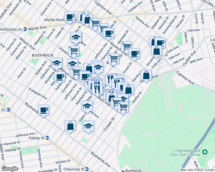 map of restaurants, bars, coffee shops, grocery stores, and more near 273 Eldert Street in Brooklyn