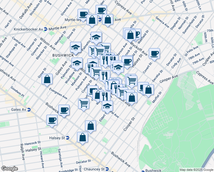 map of restaurants, bars, coffee shops, grocery stores, and more near 1232 Hancock Street in Brooklyn