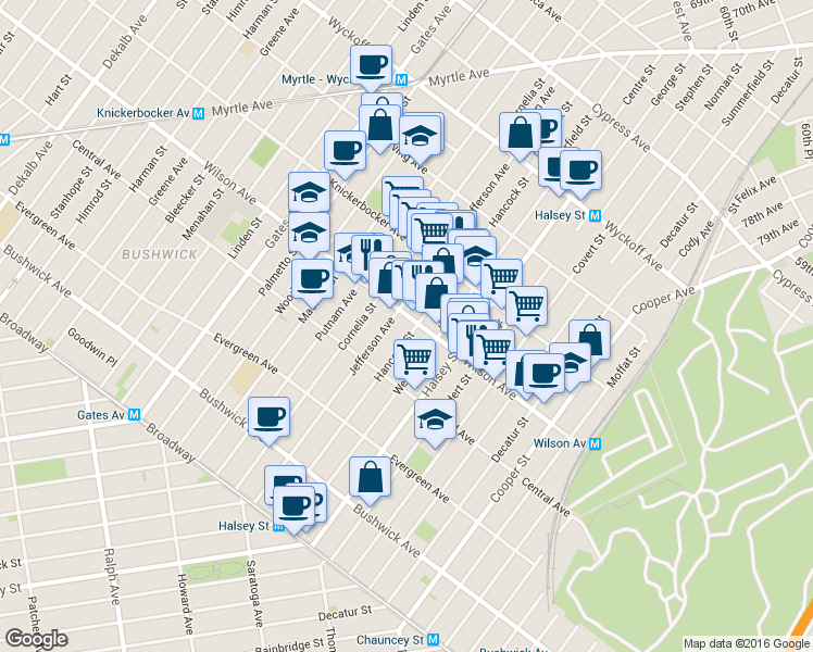 map of restaurants, bars, coffee shops, grocery stores, and more near 1232 Hancock Street in Brooklyn