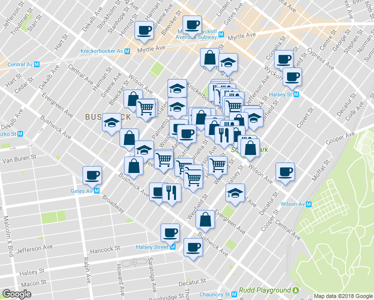 map of restaurants, bars, coffee shops, grocery stores, and more near 461 Central Avenue in Brooklyn