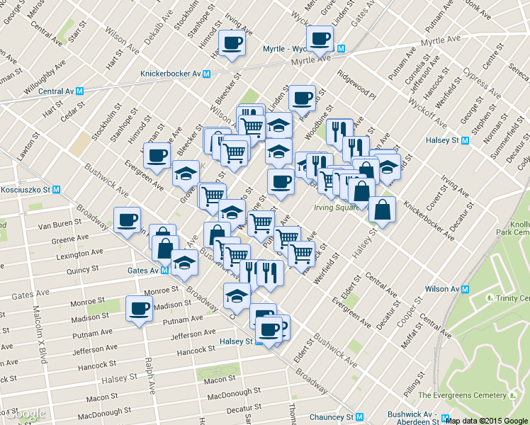 map of restaurants, bars, coffee shops, grocery stores, and more near 1118 Madison Street in Brooklyn