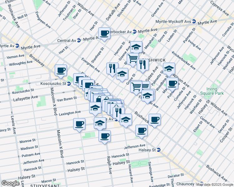 map of restaurants, bars, coffee shops, grocery stores, and more near 68 Grove Street in Brooklyn
