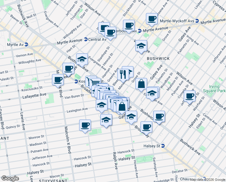 map of restaurants, bars, coffee shops, grocery stores, and more near 978 Bushwick Avenue in Brooklyn
