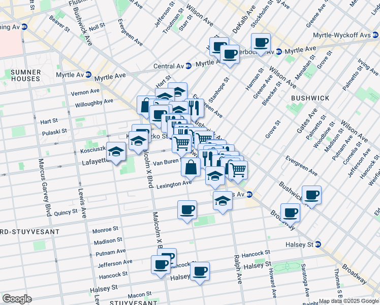 map of restaurants, bars, coffee shops, grocery stores, and more near 1164 Broadway in Brooklyn