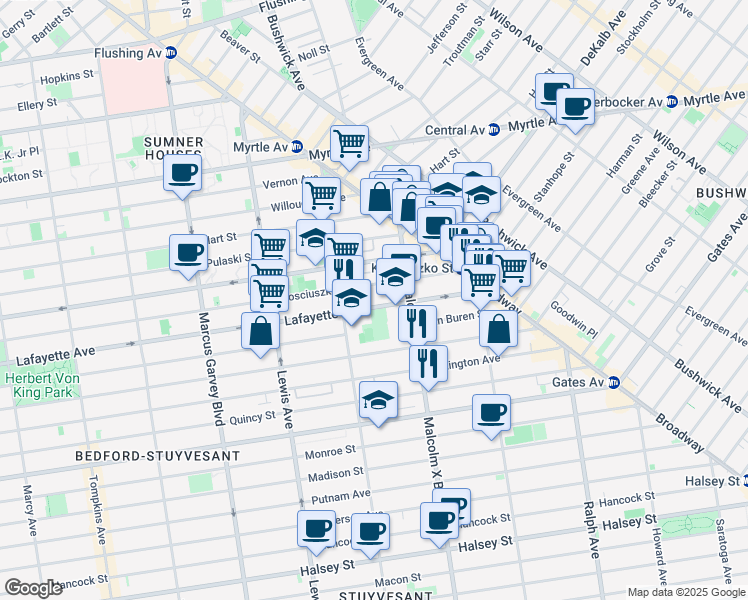 map of restaurants, bars, coffee shops, grocery stores, and more near 117 Stuyvesant Avenue in Brooklyn