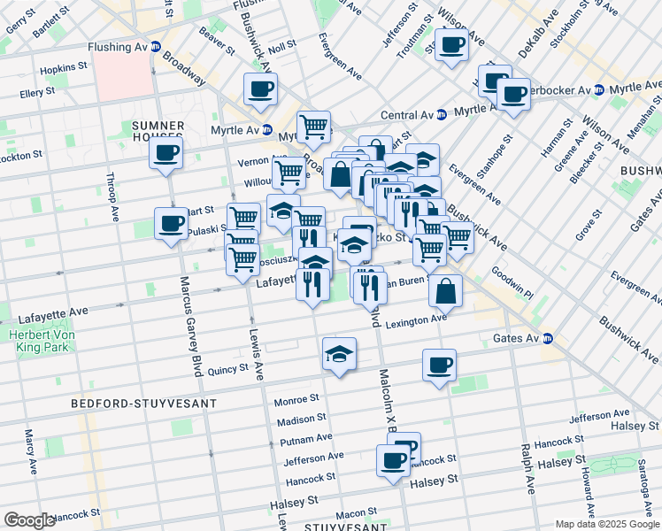 map of restaurants, bars, coffee shops, grocery stores, and more near 117 Stuyvesant Avenue in Brooklyn