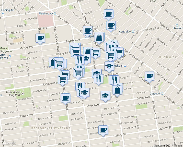 map of restaurants, bars, coffee shops, grocery stores, and more near 935 Lafayette Avenue in Brooklyn